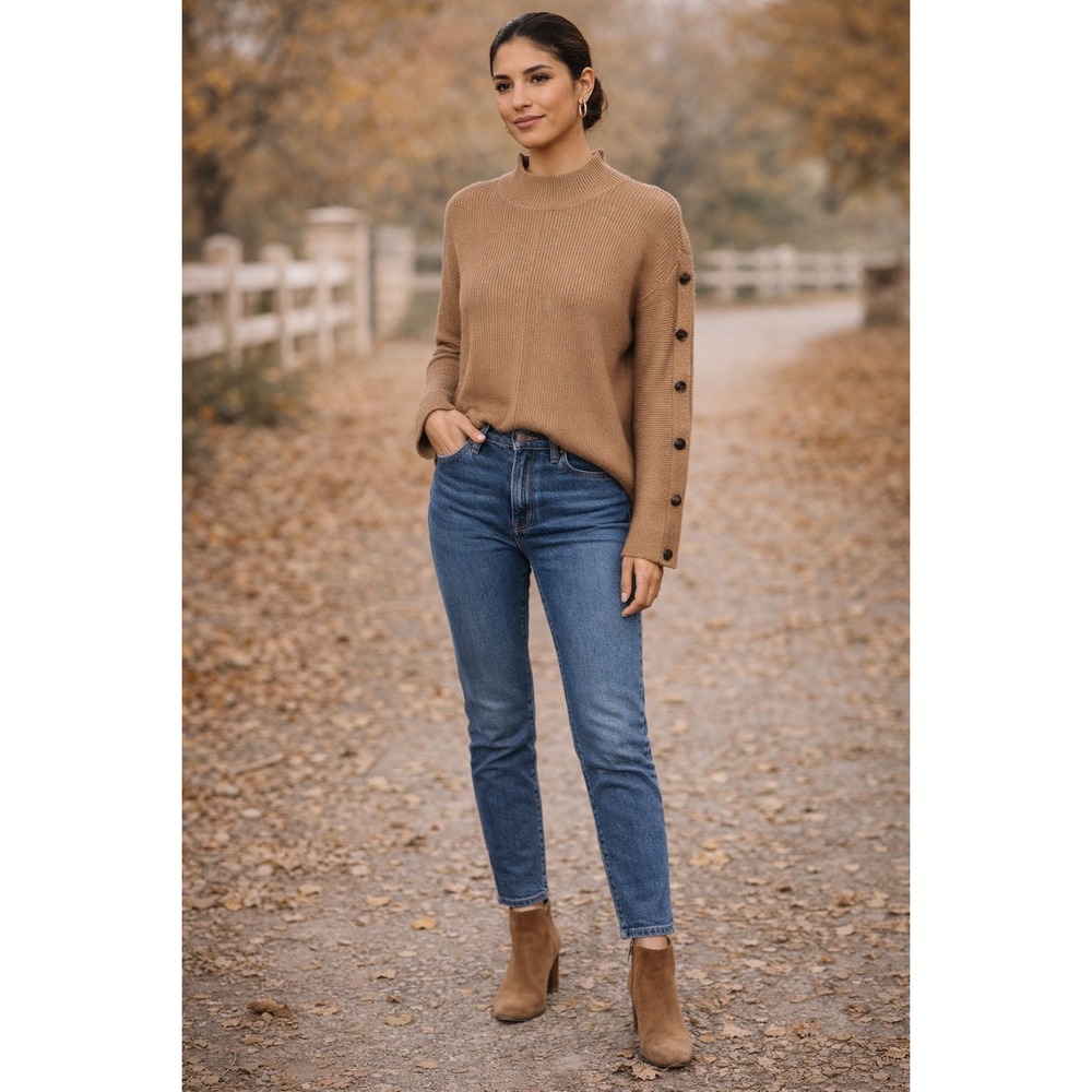 Cache Ribbed Mock Neck Sweater Button Sleeve Pullover Tan Small